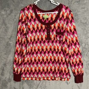 Vera Bradley Top Bohemian Chevron Sleep Shirt Long Sleeve Pocket Buttons Small‎